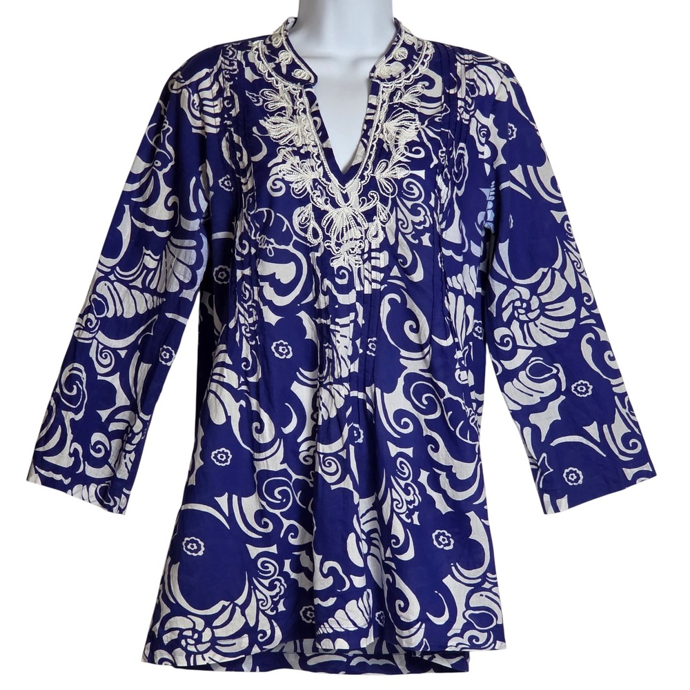 Lilly Pulitzer Blue White Seashell Beaded Tunic Top Cotton Womens Small